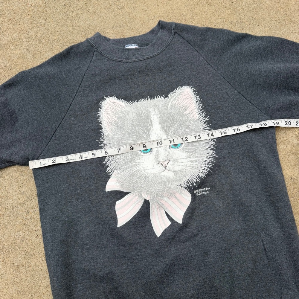 Vintage Jerzees Morning Sun Cat Graphic Sweatshirt Gray Raglan Medium Grannycore - Picture 6 of 7